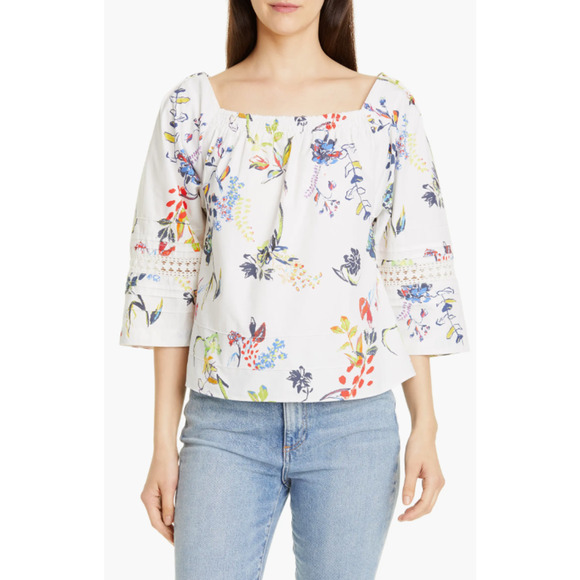 Tanya Taylor Stassi Floral Crochet Detail Cotton Top Peasant Blouse Size 12 - Picture 1 of 6